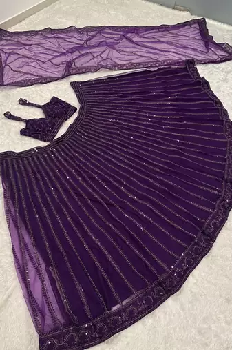 Purple Heavy Sequins and Dori Work Net Party Wear Lehenga