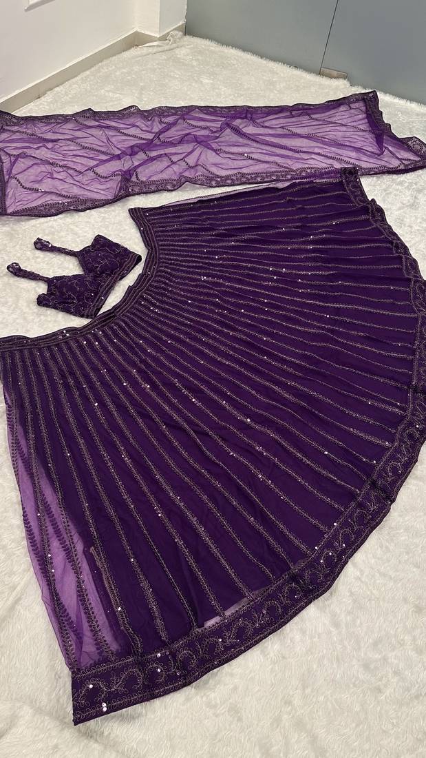 Purple Heavy Sequins and Dori Work Net Party Wear Lehenga