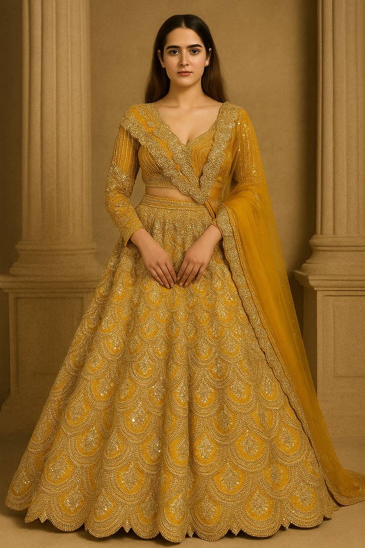 Mustard Yellow Heavy Thai Silk Lehenga with 9mm Sequins and Dori Work | Designer Wedding Wear Lehenga Choli with Blouse