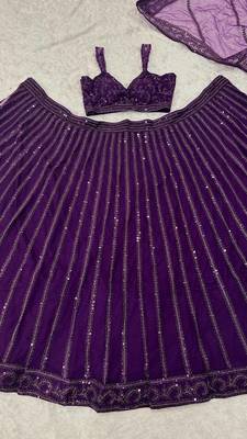 Purple Heavy Sequins and Dori Work Net Party Wear Lehenga 3