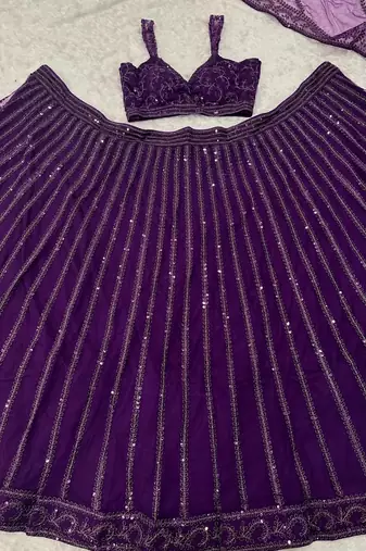 Purple Heavy Sequins and Dori Work Net Party Wear Lehenga