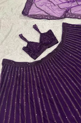 Purple Heavy Sequins and Dori Work Net Party Wear Lehenga