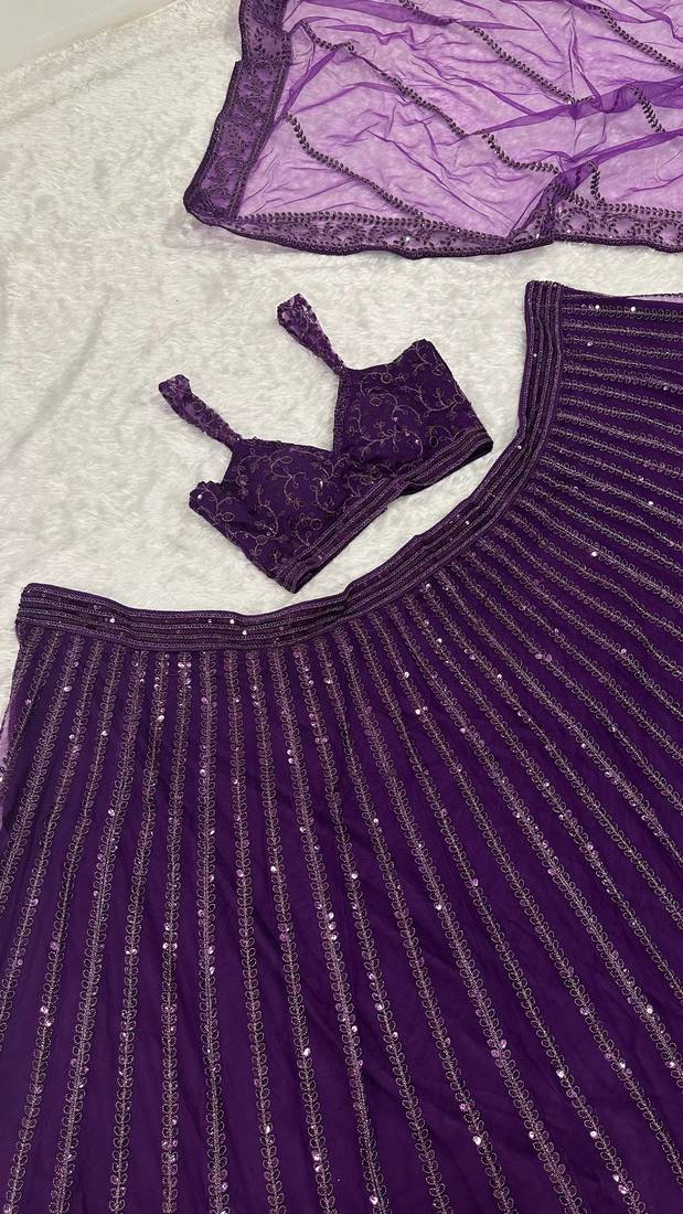 Purple Heavy Sequins and Dori Work Net Party Wear Lehenga