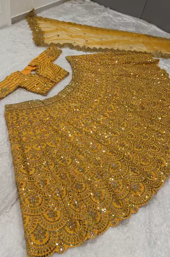 Mustard Yellow Heavy Thai Silk Lehenga with 9mm Sequins and Dori Work | Designer Wedding Wear Lehenga Choli with Blouse