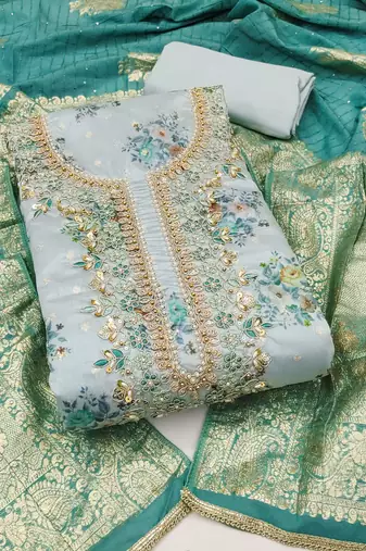 Women's pastel blue unstitched weaving digital print handwork mal chanderi dress material (msmfc11583c)