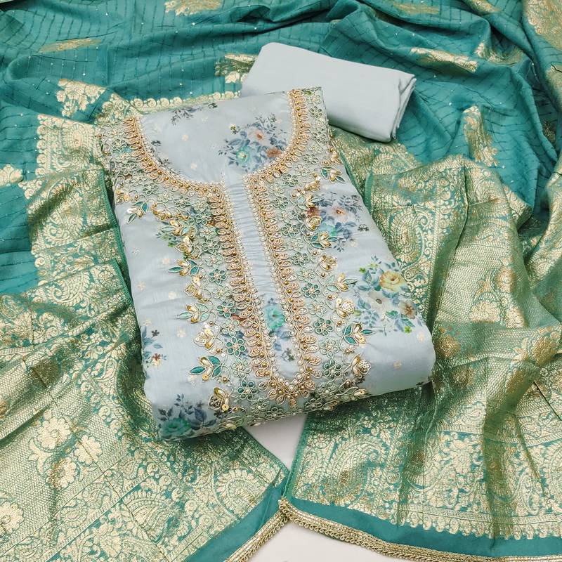 Women's pastel blue unstitched weaving digital print handwork mal chanderi dress material (msmfc11583c)