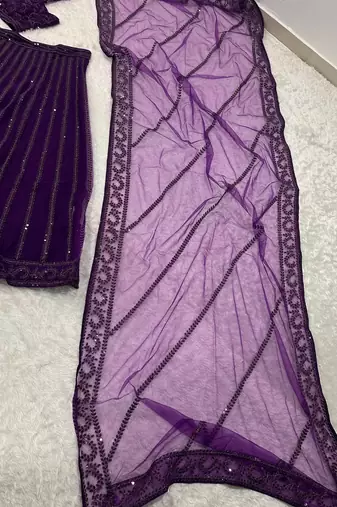 Purple Heavy Sequins and Dori Work Net Party Wear Lehenga