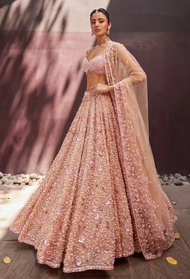 Blush Pink Georgette Lehenga with Sequins and Pearl Beads Work | Designer Bridal Party Wear Lehenga Choli with Blouse 1