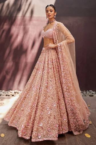 Blush Pink Georgette Lehenga with Sequins and Pearl Beads Work | Designer Bridal Party Wear Lehenga Choli with Blouse