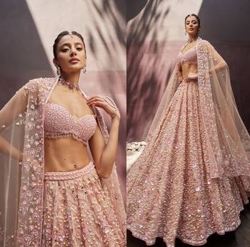 Blush Pink Georgette Lehenga with Sequins and Pearl Beads Work | Designer Bridal Party Wear Lehenga Choli with Blouse 3