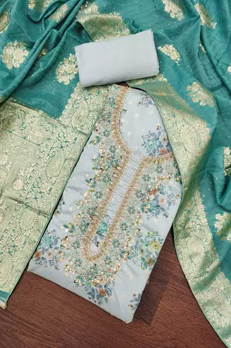 Women's pastel blue weaving digital print handwork mal chanderi dress material