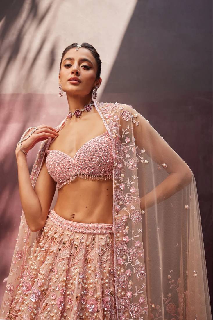 Blush Pink Georgette Lehenga with Sequins and Pearl Beads Work | Designer Bridal Party Wear Lehenga Choli with Blouse
