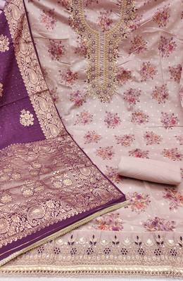 Women's grey weaving digital print handwork mal chanderi dress material 2