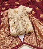 Women's beige unstitched weaving digital print handwork mal chanderi dress material (msmfc11583e)