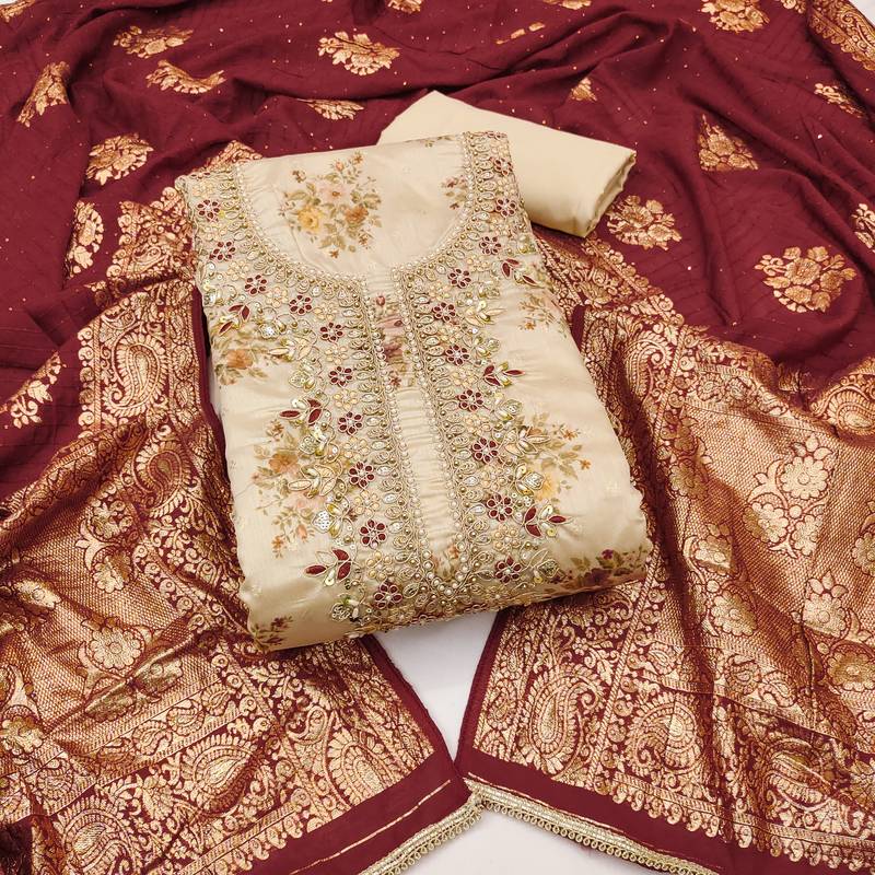 Women's beige unstitched weaving digital print handwork mal chanderi dress material (msmfc11583e)