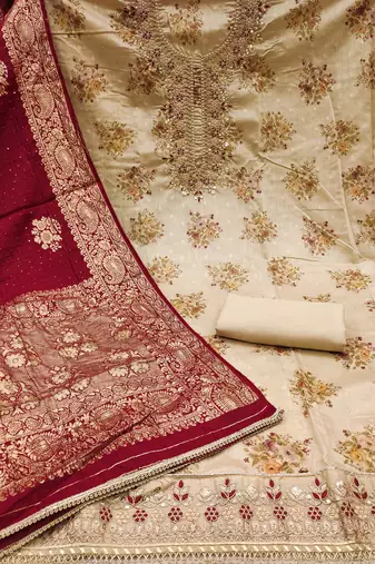 Women's beige weaving digital print handwork mal chanderi dress material