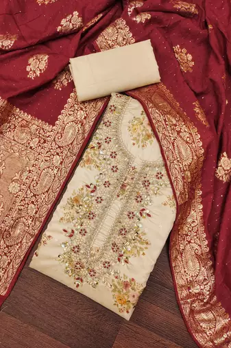 Women's beige weaving digital print handwork mal chanderi dress material