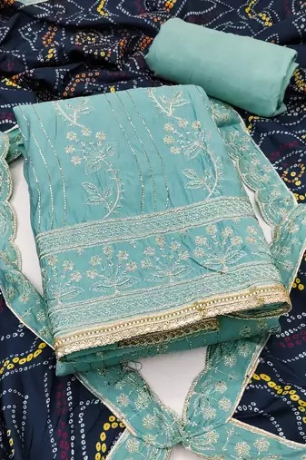 Women's sea green unstitched thread handwork embroidery premium roman cotton dress material (msmfc11584a)