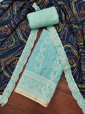 Women's sea green thread handwork embroidery premium roman cotton dress material 3