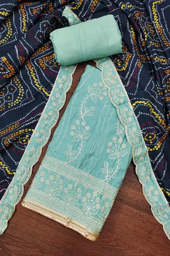 Women's sea green thread handwork embroidery premium roman cotton dress material