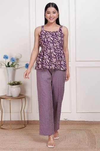 Miravan womens purple round neck cotton pleated kurti & palazzo set