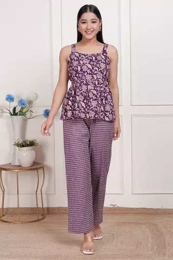 Miravan womens purple round neck cotton pleated kurti & palazzo set