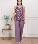 Miravan womens purple round neck cotton pleated kurti & palazzo set