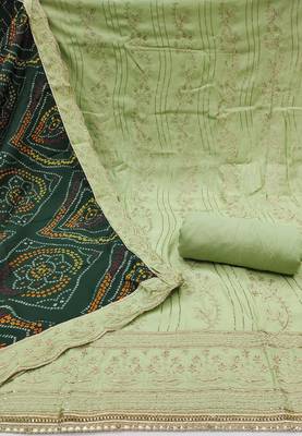 Women's light green thread handwork embroidery premium roman cotton dress material 2