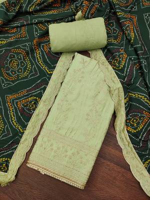 Women's light green thread handwork embroidery premium roman cotton dress material 3