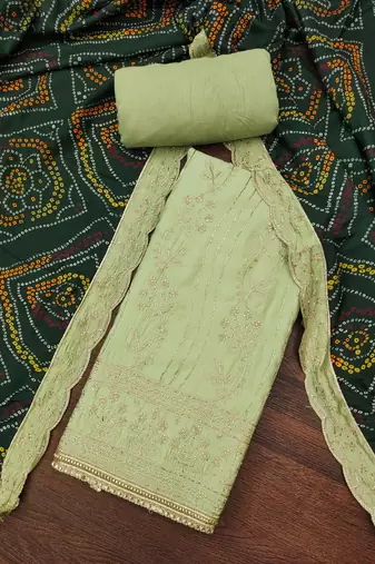 Women's light green thread handwork embroidery premium roman cotton dress material