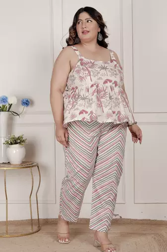   womens plus size pink pure cotton leaf printed kurti with palazzo