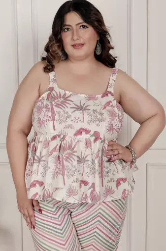   womens plus size pink pure cotton leaf printed kurti with palazzo