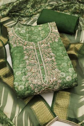 Women's light green unstitched weaving digital print handwork banarasi cotton dress material (msmfc11585a)