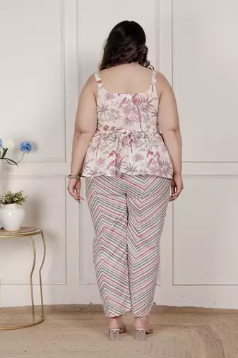   womens plus size pink pure cotton leaf printed kurti with palazzo
