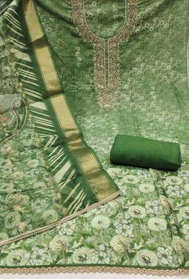 Women's light green weaving digital print handwork banarasi cotton dress material 2