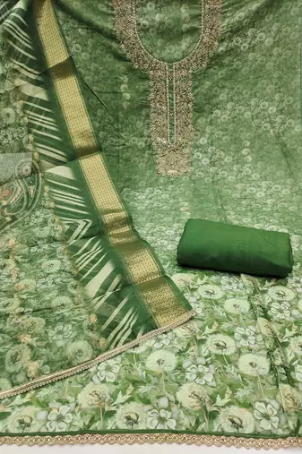 Women's light green weaving digital print handwork banarasi cotton dress material