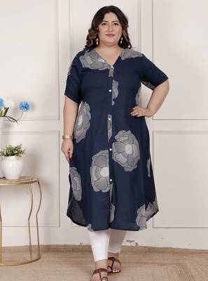   womens plus size blue floral printed front buttoned a-line kurta dress 1