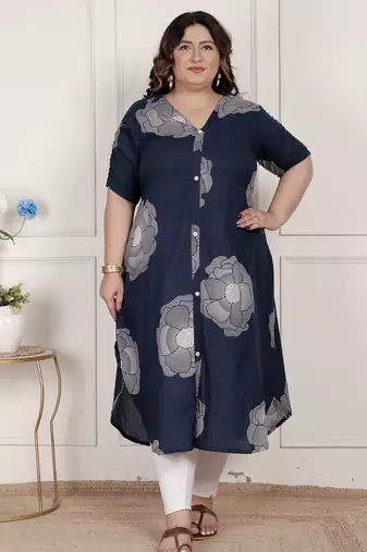 Miravan womens plus size blue floral printed front buttoned a-line kurta dress