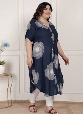   womens plus size blue floral printed front buttoned a-line kurta dress 2