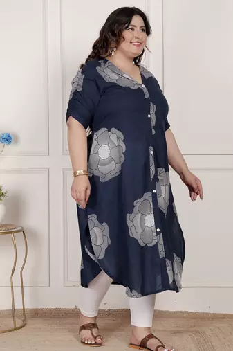   womens plus size blue floral printed front buttoned a-line kurta dress