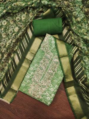 Women's light green weaving digital print handwork banarasi cotton dress material 3