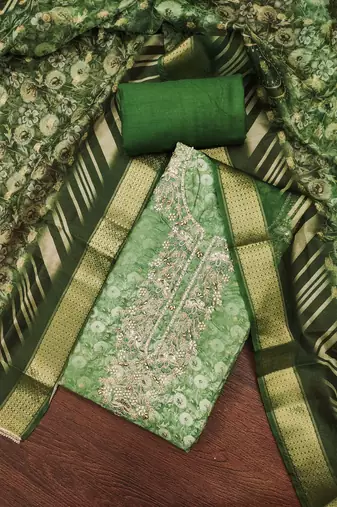 Women's light green weaving digital print handwork banarasi cotton dress material