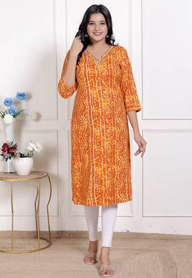   womens yellow bandhani printed straight kurti 1