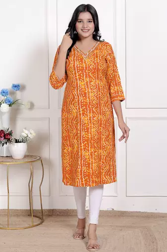 Miravan womens yellow bandhani printed straight kurti