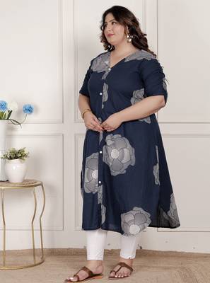   womens plus size blue floral printed front buttoned a-line kurta dress 3