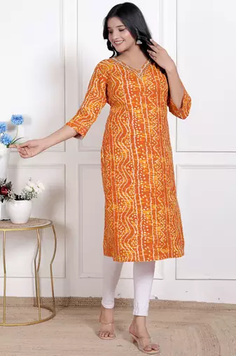   womens yellow bandhani printed straight kurti