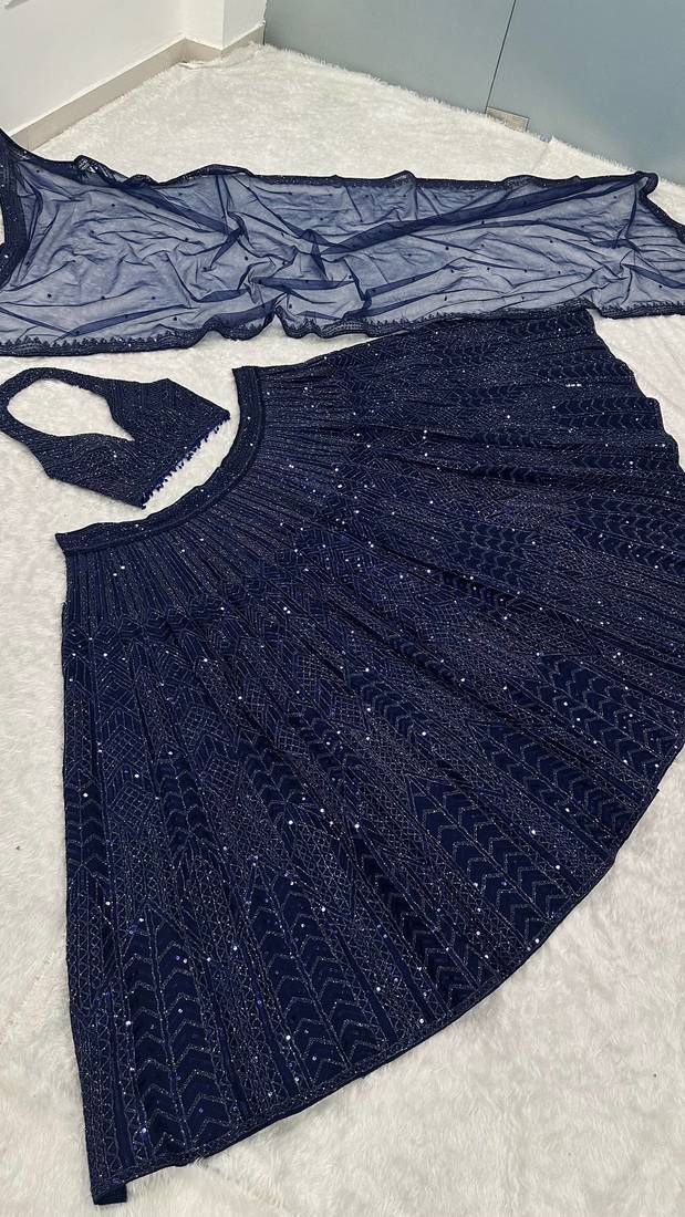 Navy Blue Net Lehenga with Heavy Sequins and Dori Work | Designer Party Wear Wedding Lehenga Choli with Blouse