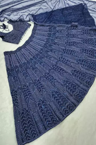 Navy Blue Net Lehenga with Heavy Sequins and Dori Work | Designer Party Wear Wedding Lehenga Choli with Blouse