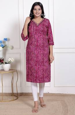   womens bandhej printed rayon kurti magenta 1