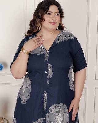   womens plus size blue floral printed front buttoned a-line kurta dress 4